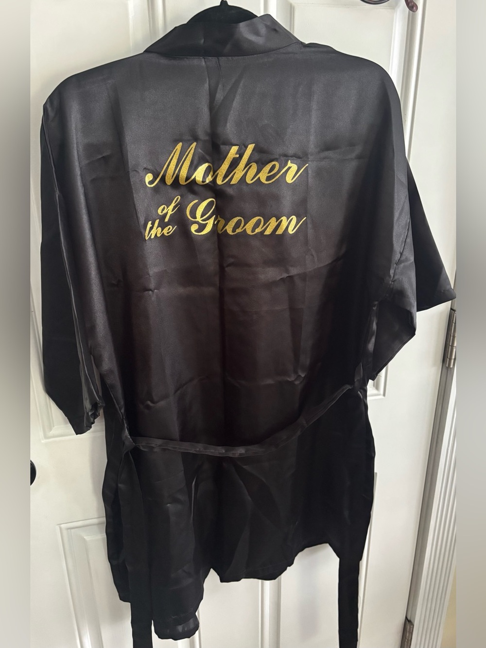 Mother of the Groom Satin Robe in Black with Gold Script